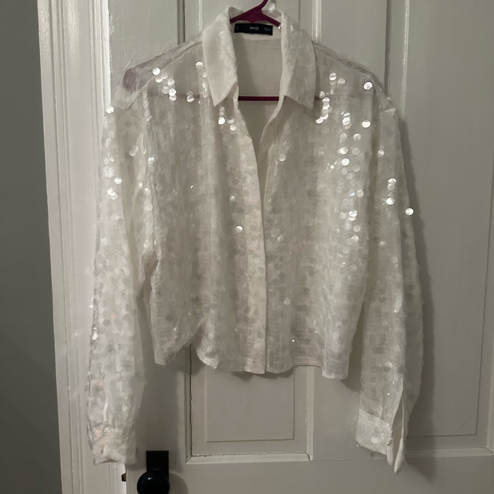 White Sequin Button-Up Shirt